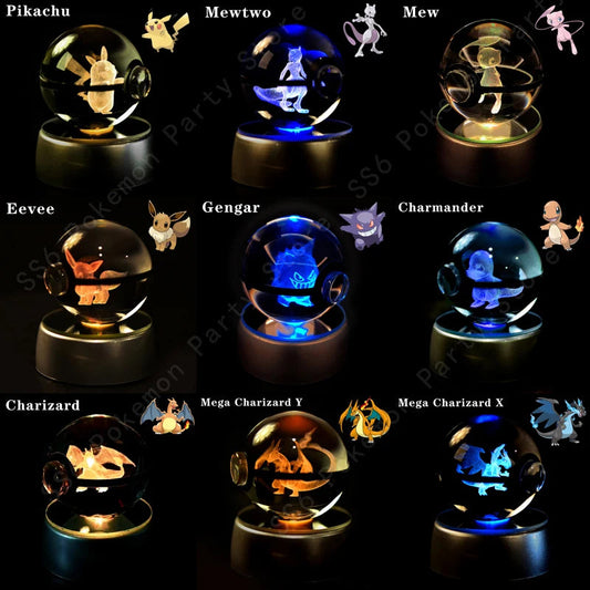Set of 3D LED crystal balls featuring Pokémon characters like Pikachu Mewtwo and Charizard illuminated in vibrant colors