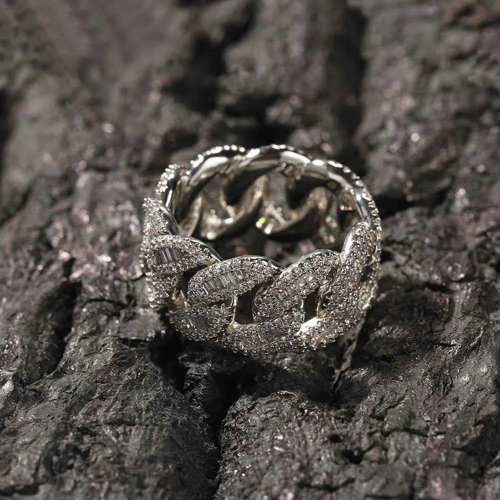 12mm Cuban Link Rings Iced Out Baguettes Ring for Men Cubic Zircon Silver Color Ring Fashion Hip Hop Jewelry for Gift