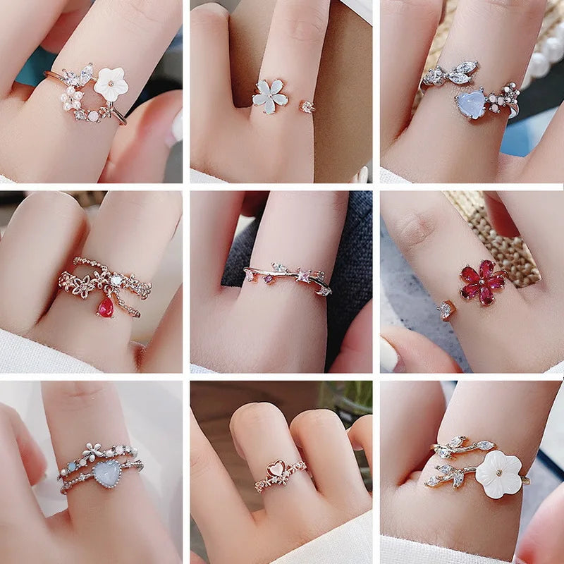 Crystal Zircon Rings Sweet Flower Leaf Butterfly Adjustable Open Rings Female Wedding Engagement Jewelry Gift Dabfavshop