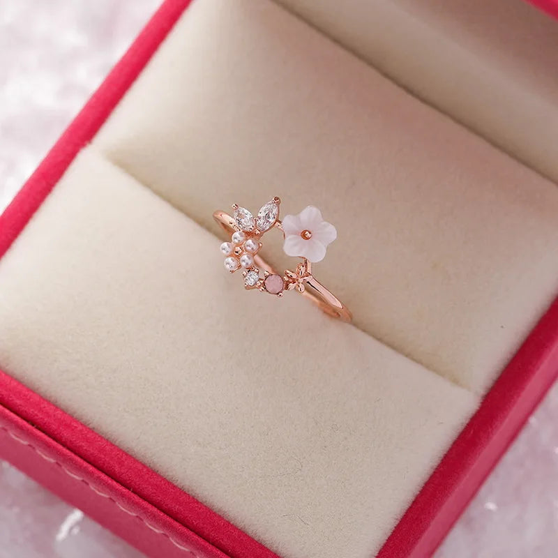 Crystal Zircon Rings Sweet Flower Leaf Butterfly Adjustable Open Rings Female Wedding Engagement Jewelry Gift Dabfavshop