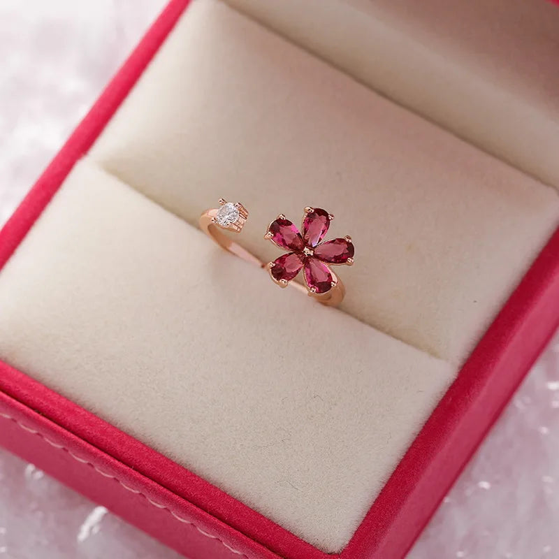 Crystal Zircon Rings Sweet Flower Leaf Butterfly Adjustable Open Rings Female Wedding Engagement Jewelry Gift Dabfavshop