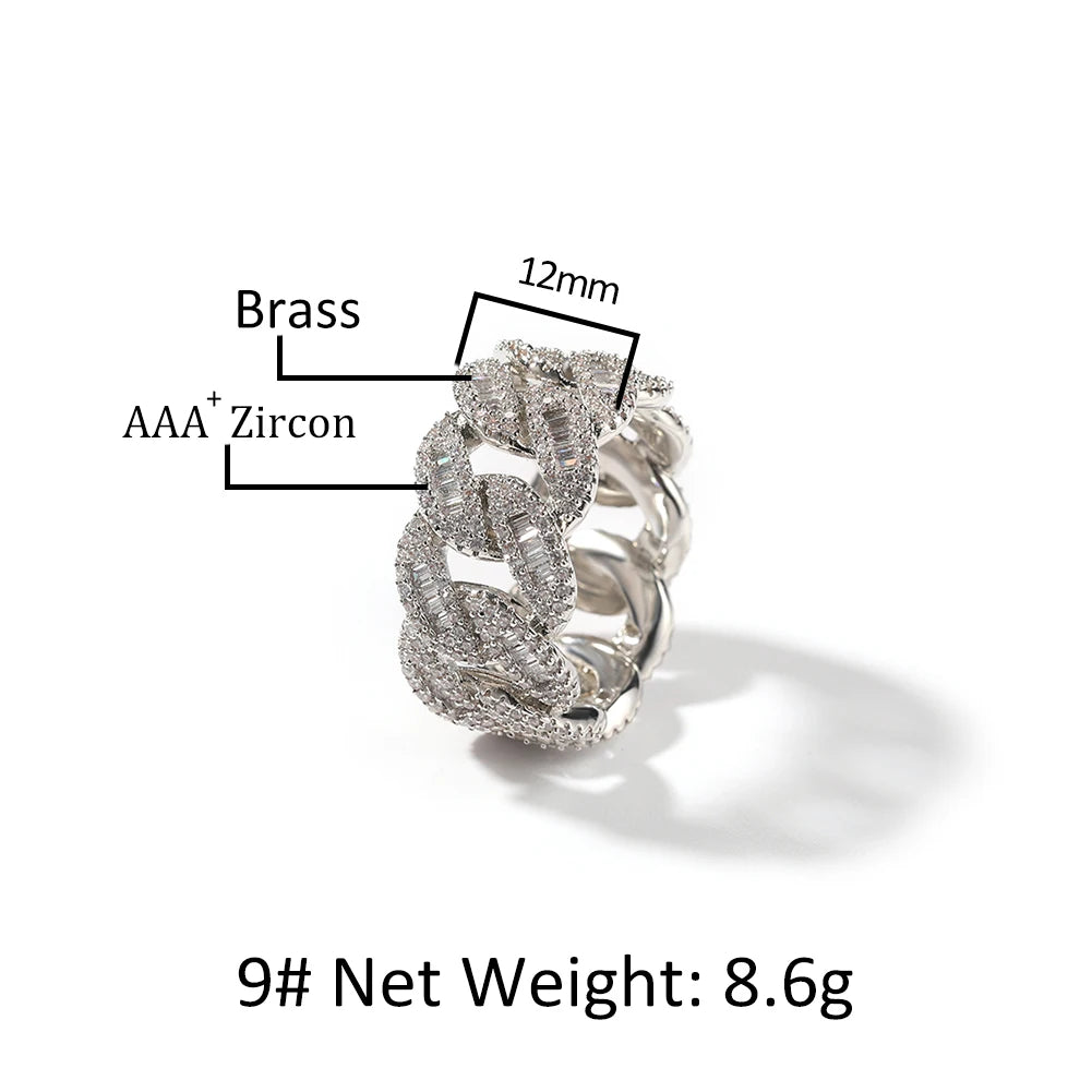 12mm Cuban Link Rings Iced Out Baguettes Ring for Men Cubic Zircon Silver Color Ring Fashion Hip Hop Jewelry for Gift Dabfavshop