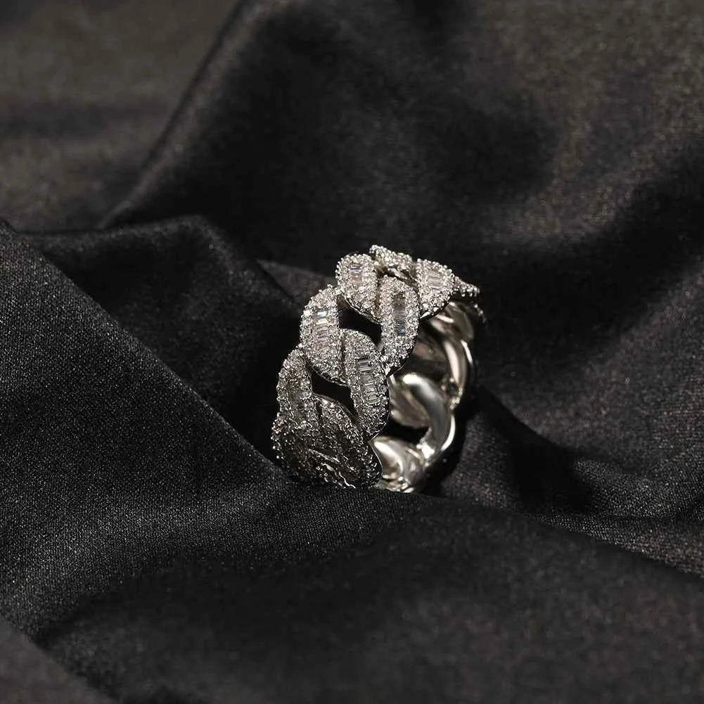 12mm Cuban Link Rings Iced Out Baguettes Ring for Men Cubic Zircon Silver Color Ring Fashion Hip Hop Jewelry for Gift