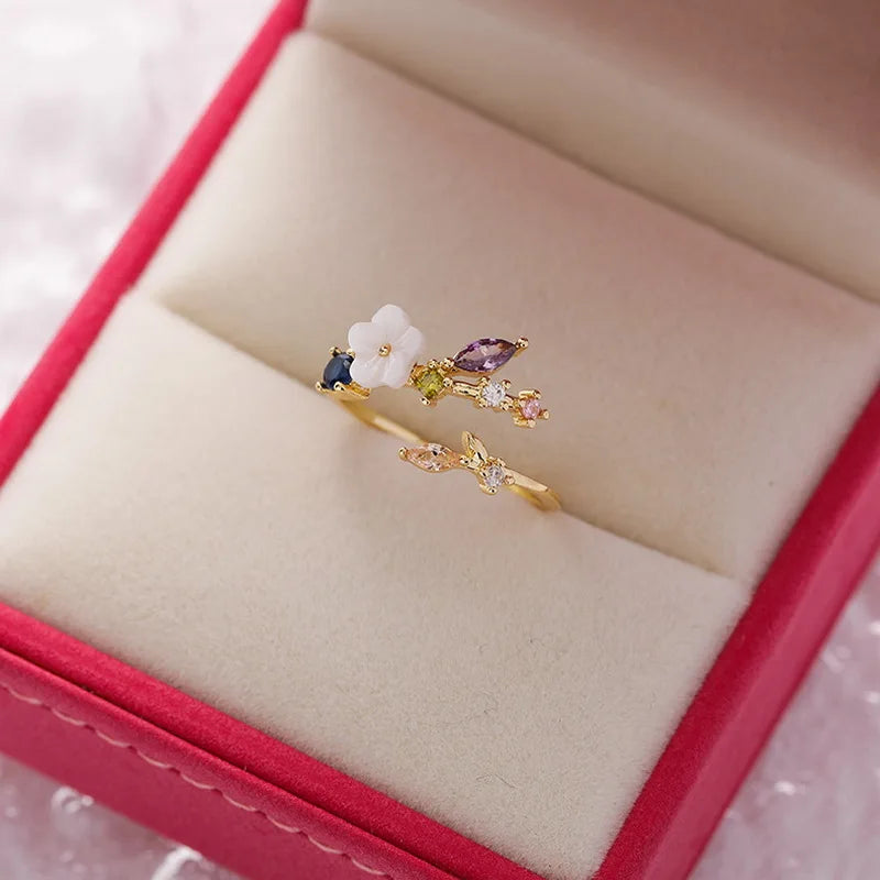 Crystal Zircon Rings Sweet Flower Leaf Butterfly Adjustable Open Rings Female Wedding Engagement Jewelry Gift Dabfavshop