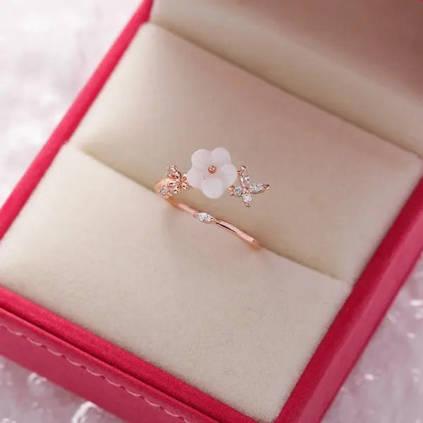 Crystal Zircon Rings Sweet Flower Leaf Butterfly Adjustable Open Rings Female Wedding Engagement Jewelry Gift Dabfavshop