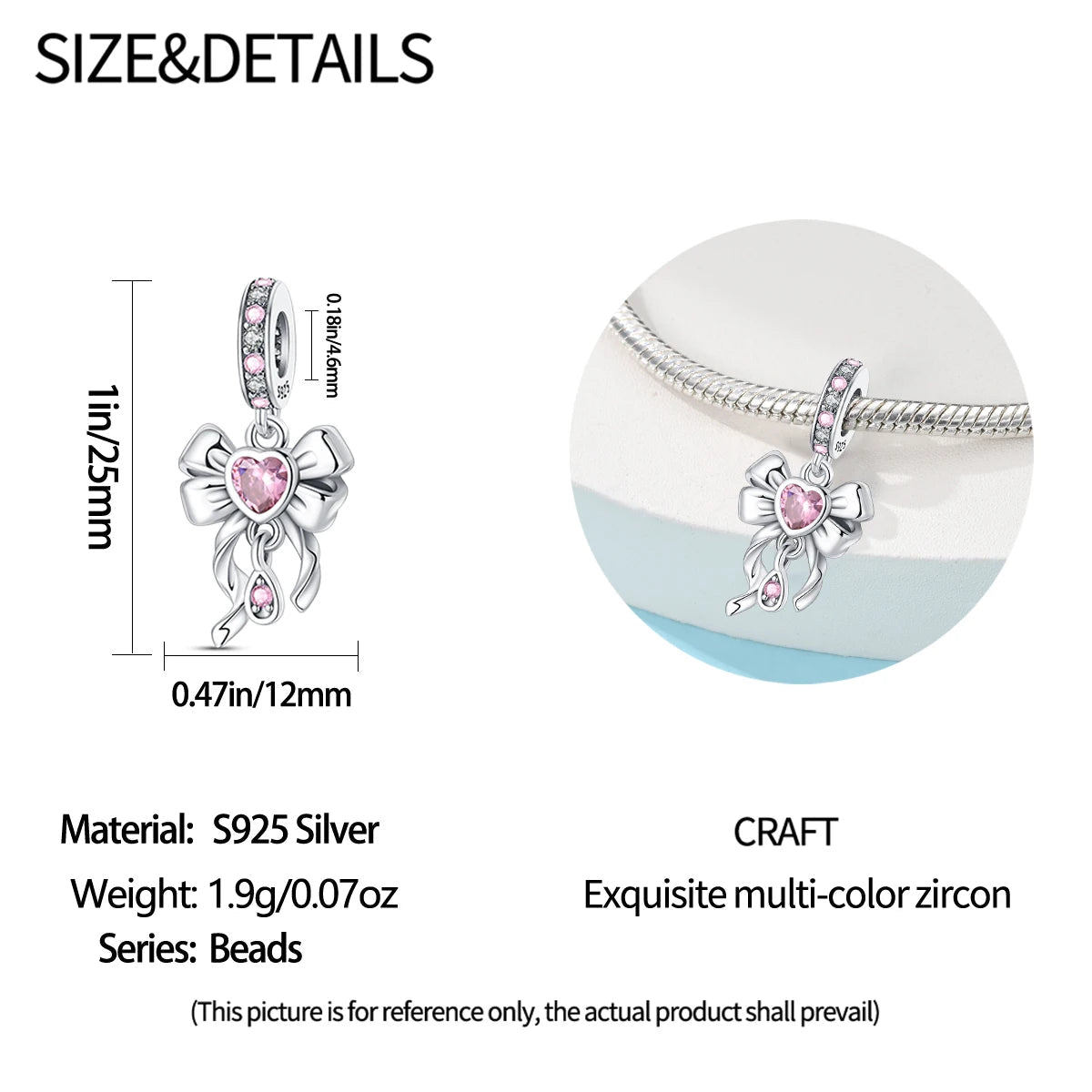 925 Sterling Silver Charms Beads Pink Zircon Bow Tie Dabfavshop