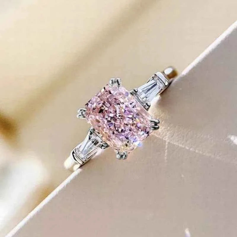 Square Pink Cubic Zirconia Wedding 925 Sterling Silver Rings for Women Romantic Bridal Marriage Party Rings Fashion Jewelry