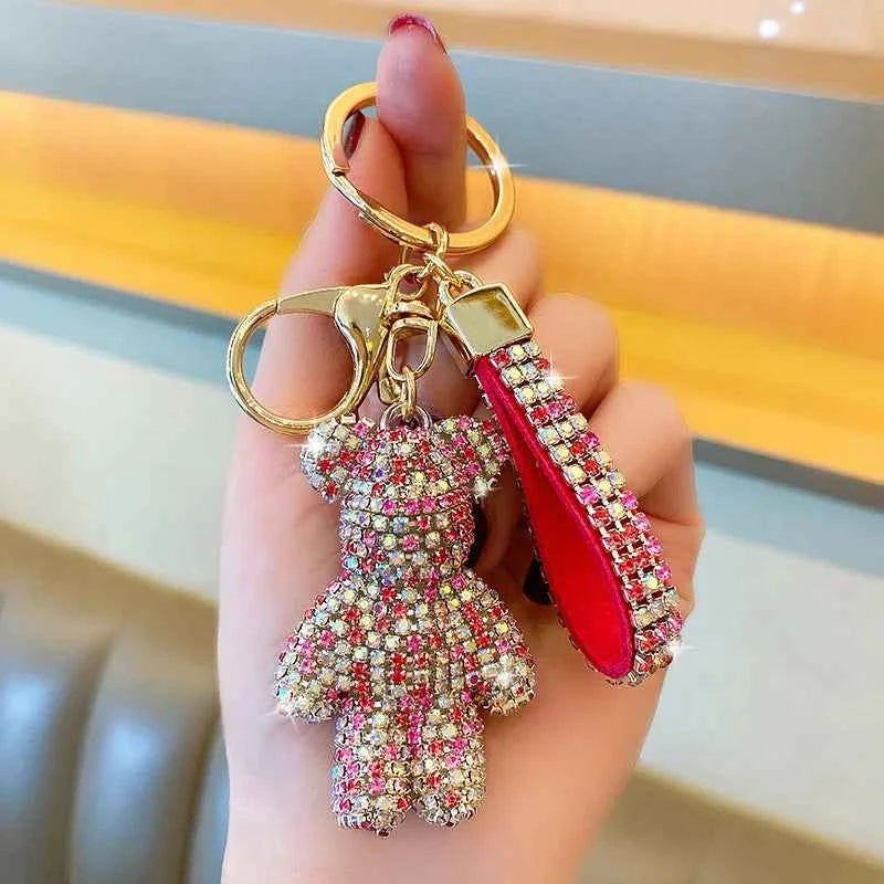 Rhinestone Bear Keychain Pendant Handmade Metal Keyring for Women Men Car Anime Animal Themed Accessory Unisex Key Chain Gift