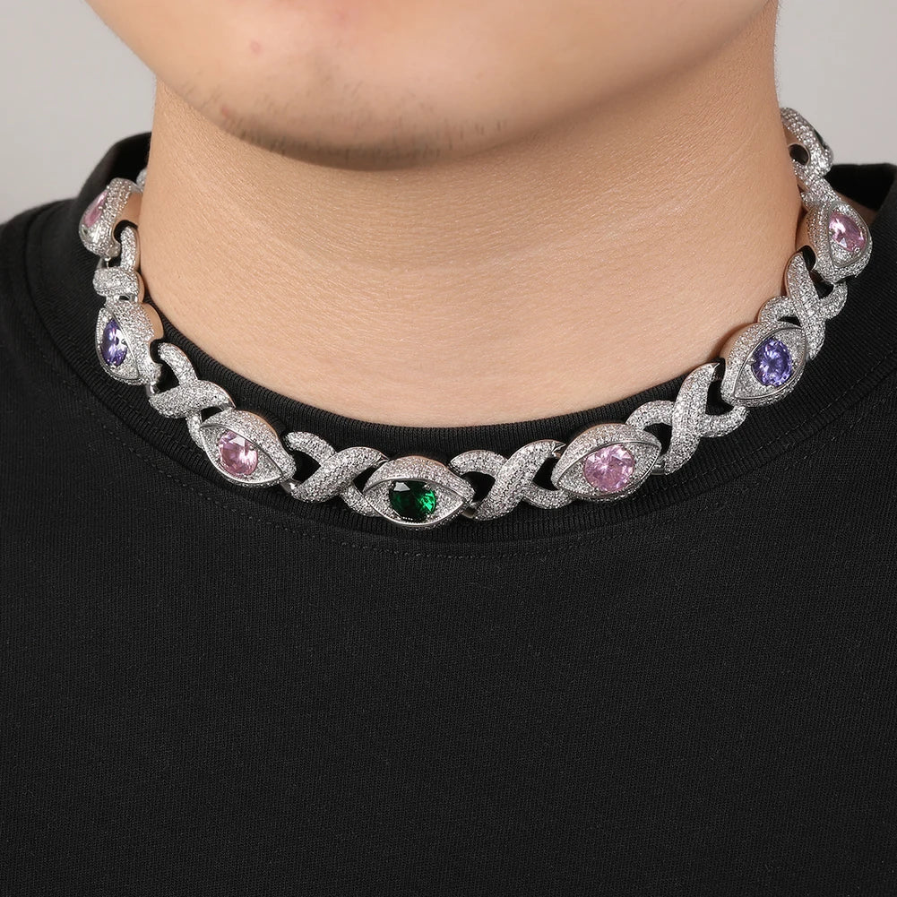 Iced Out Infinity Cuban Chain Necklace with Big CZ Eyes Pave Setting Cubic Zirconia for Women Men Dabfavshop