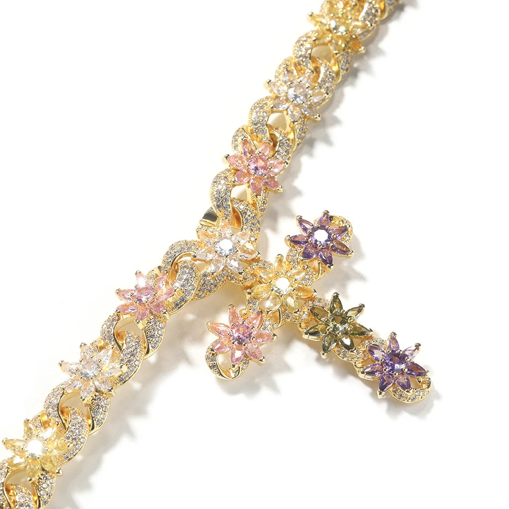 Colorful Flower Cuban Chain Full Paved Iced Out Bling Cubic Zirconia Cross Charms Baguette CZ Cuban Chain Dabfavshop
