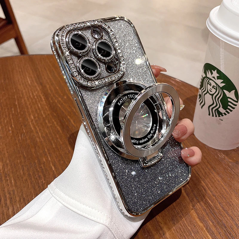 Glitter Diamond Luxury Plating Magsafe Stand Holder Soft Silicone Cover for iPhone Full Coverage Magnetic Case Dabfavshop