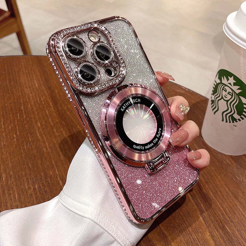 Glitter Diamond Luxury Plating Magsafe Stand Holder Soft Silicone Cover for iPhone Full Coverage Magnetic Case Dabfavshop