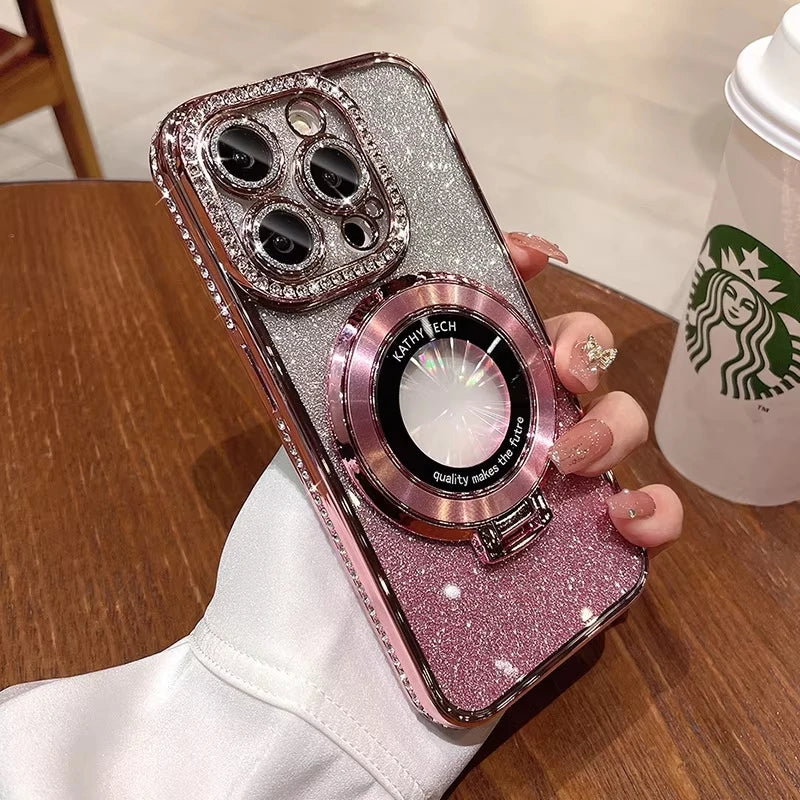 Glitter Diamond Luxury Plating Magsafe Stand Holder Soft Silicone Cover for iPhone Full Coverage Magnetic Case Dabfavshop