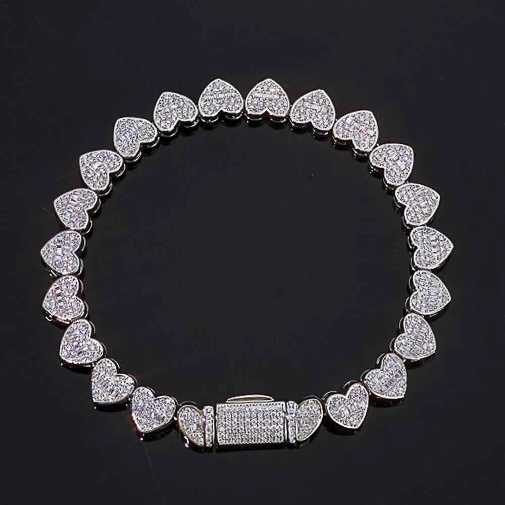 Iced Out Baguette Heart Tennis Chain Bracelet Silver Plated Zircon Mixed Inlay Fine Jewelry