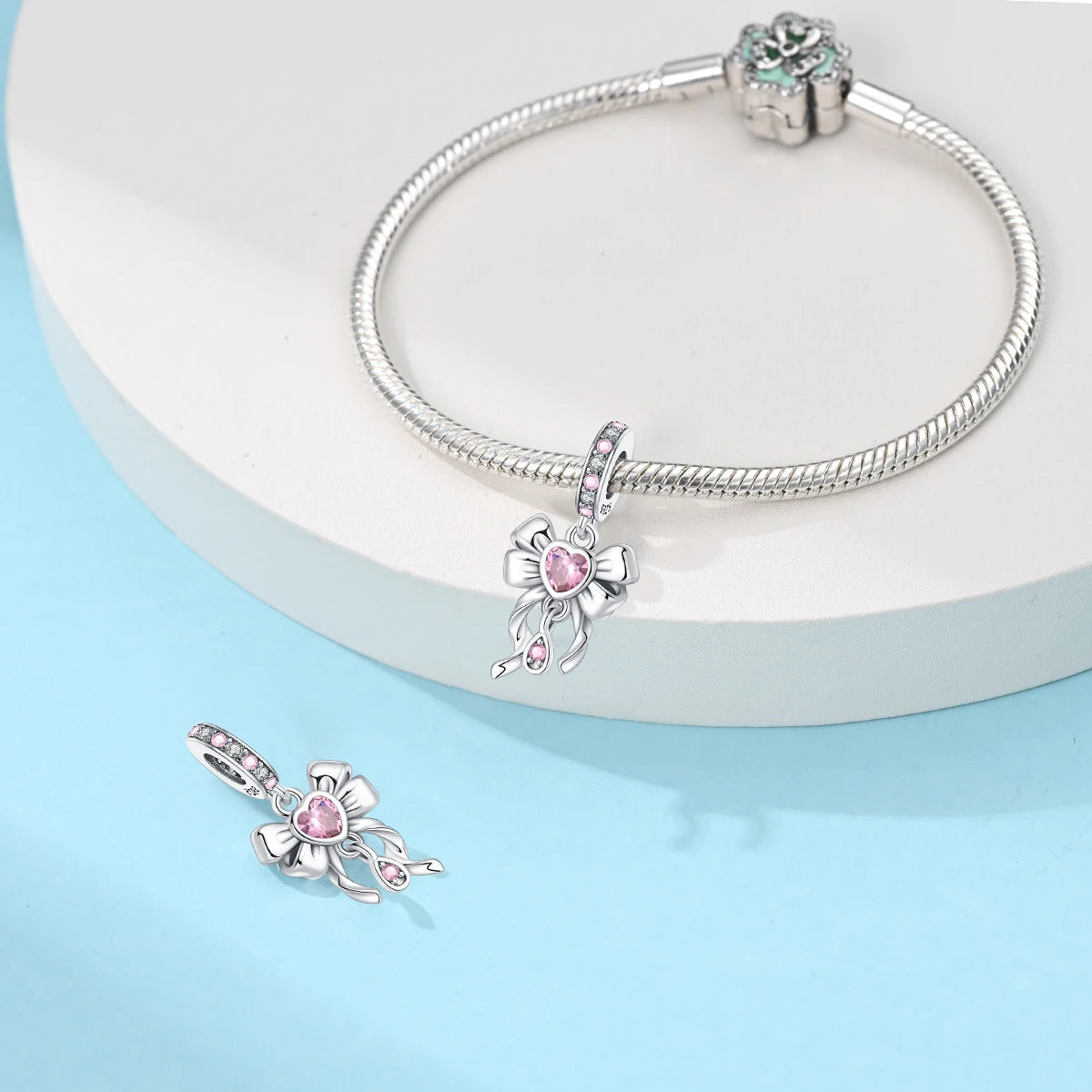 925 Sterling Silver Charms Beads Pink Zircon Bow Tie Dabfavshop