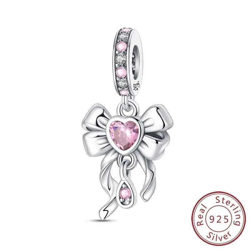 925 Sterling Silver Charms Beads Pink Zircon Bow Tie