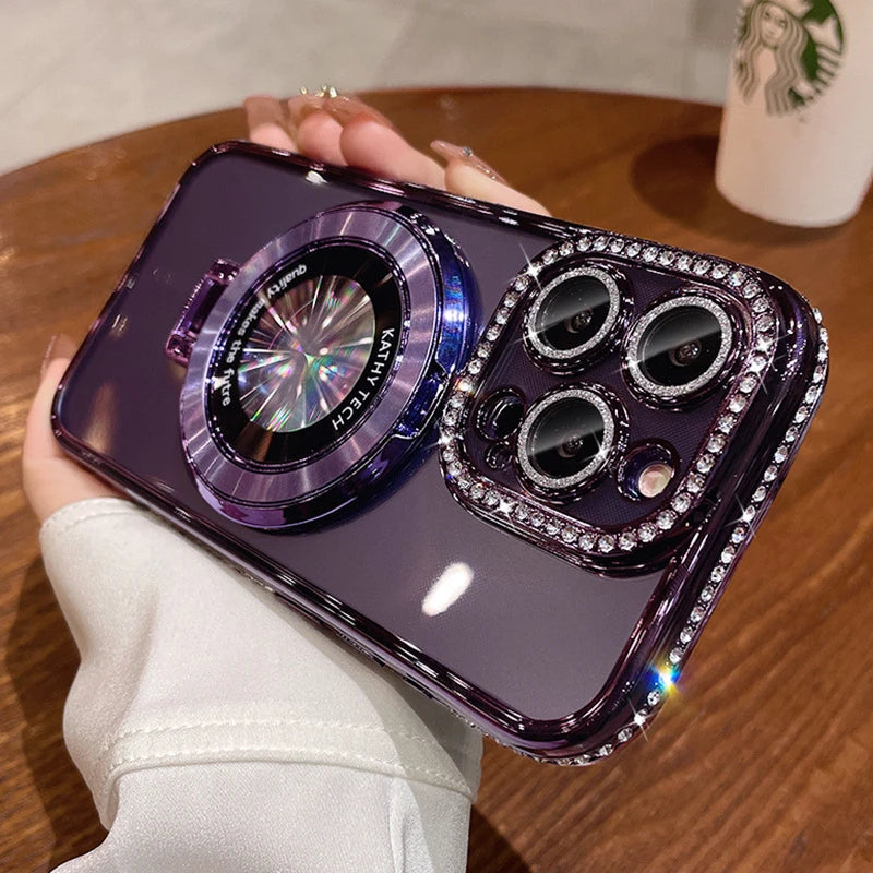 Glitter Diamond Luxury Plating Magsafe Stand Holder Soft Silicone Cover for iPhone Full Coverage Magnetic Case Dabfavshop