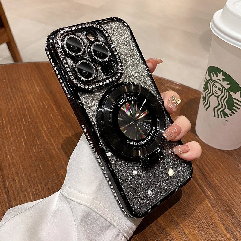 Glitter Diamond Luxury Plating Magsafe Stand Holder Soft Silicone Cover for iPhone Full Coverage Magnetic Case Dabfavshop