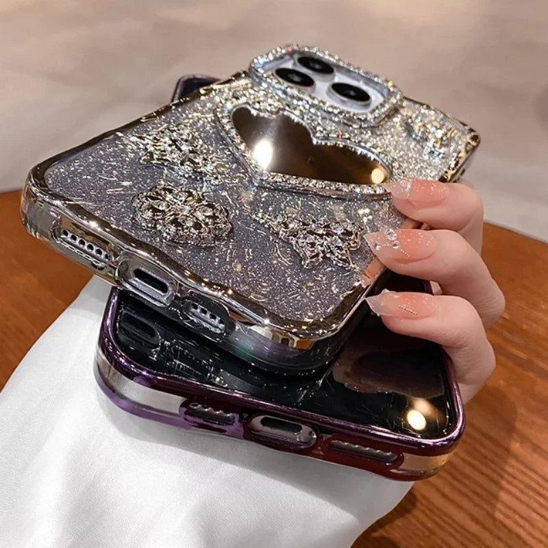 Bling Rhinestone Mirror Cover Case for iPhone 16 pro Max 15 plus Glitter Diamond Encrusted Butterfly Design Shockproof Anti-Knock Dabfavshop