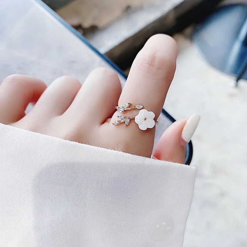 Crystal Zircon Rings Sweet Flower Leaf Butterfly Adjustable Open Rings Female Wedding Engagement Jewelry Gift Dabfavshop