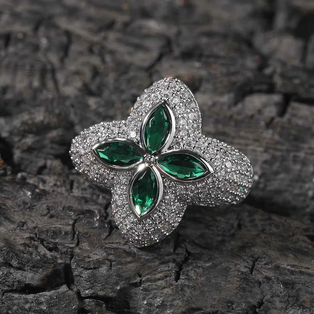 Iced Green/Clear CZ Star Rings for Women Men Unisex Cubic Zirconia Rings Fashion Jewelry for Gift
