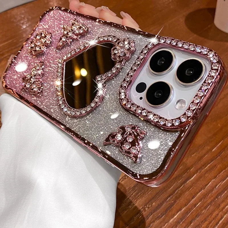 Bling Rhinestone Mirror Cover Case for iPhone 16 pro Max 15 plus Glitter Diamond Encrusted Butterfly Design Shockproof Anti-Knock Dabfavshop
