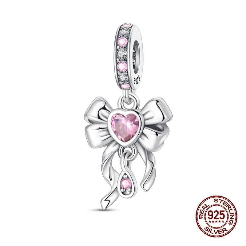 925 Sterling Silver Charms Beads Pink Zircon Bow Tie Dabfavshop