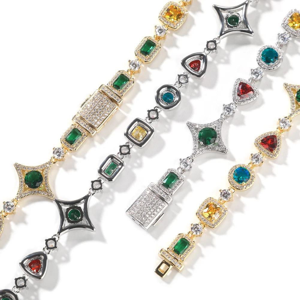 Iced Out Rainbow Necklace for Women Heart/Star/Square Gemstones Link Chain Bracelets Fashion Hip Hop Jewelry Dabfavshop