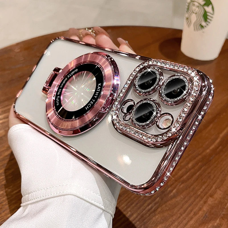 Glitter Diamond Luxury Plating Magsafe Stand Holder Soft Silicone Cover for iPhone Full Coverage Magnetic Case Dabfavshop