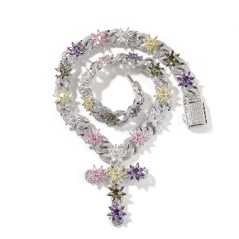 Colorful Flower Cuban Chain Full Paved Iced Out Bling Cubic Zirconia Cross Charms Baguette CZ Cuban Chain Dabfavshop