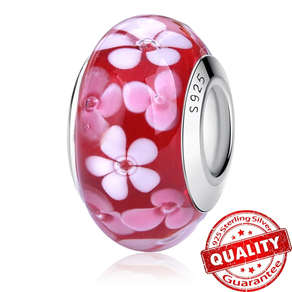 Colorful Flower Murano Glass Charm Fit Original Bracelet Necklace Heart 925 Sterling Silver Murano Glass Fine Jewelry Dabfavshop