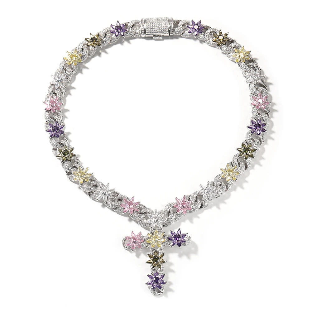Colorful Flower Cuban Chain Full Paved Iced Out Bling Cubic Zirconia Cross Charms Baguette CZ Cuban Chain Dabfavshop
