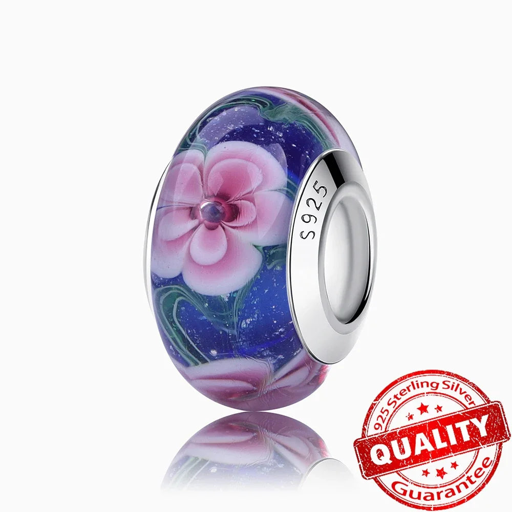 Colorful Flower Murano Glass Charm Fit Original Bracelet Necklace Heart 925 Sterling Silver Murano Glass Fine Jewelry Dabfavshop