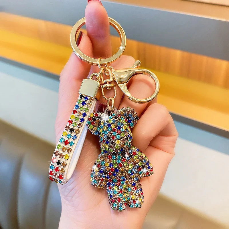 Rhinestone Bear Keychain Pendant Handmade Metal Keyring for Women Men Car Anime Animal Themed Accessory Unisex Key Chain Gift Dabfavshop