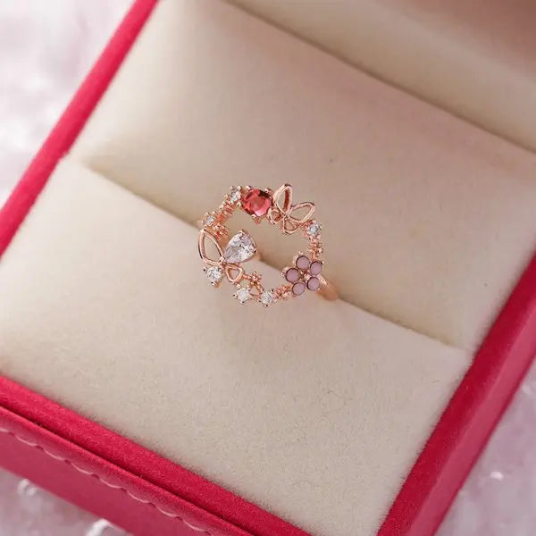 Crystal Zircon Rings Sweet Flower Leaf Butterfly Adjustable Open Rings Female Wedding Engagement Jewelry Gift Dabfavshop