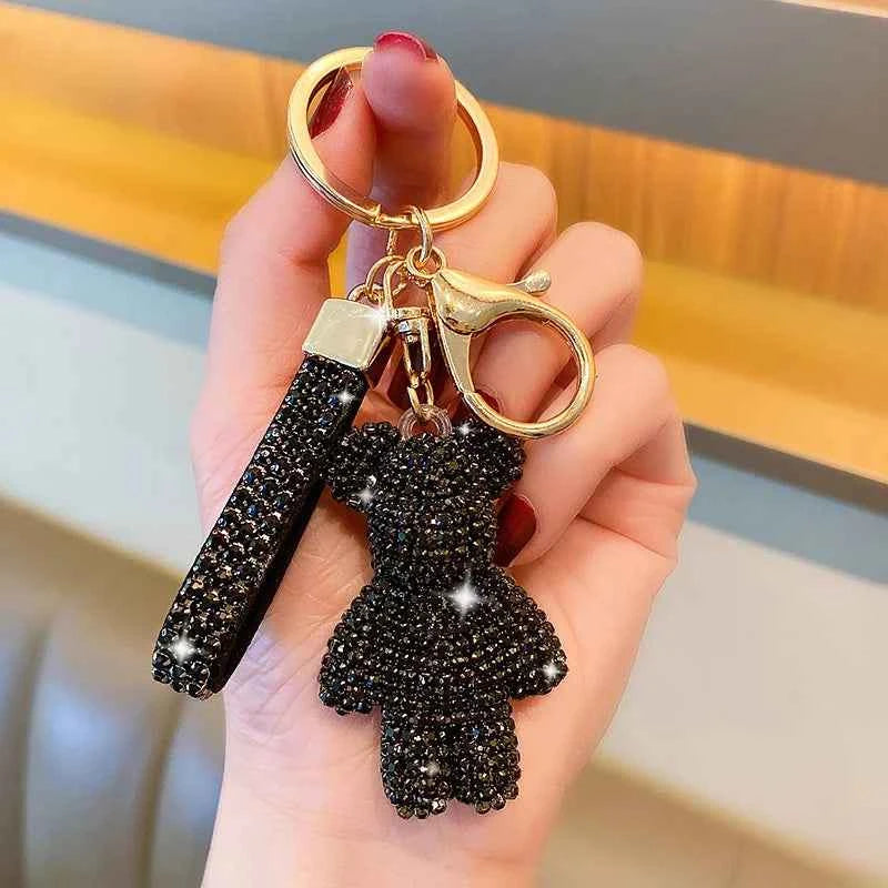 Rhinestone Bear Keychain Pendant Handmade Metal Keyring for Women Men Car Anime Animal Themed Accessory Unisex Key Chain Gift