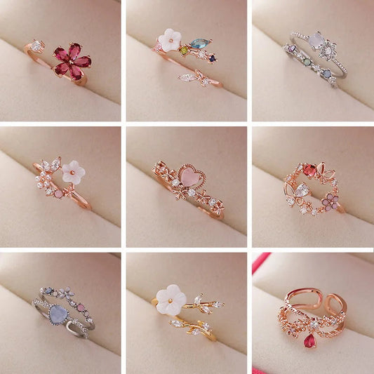 Crystal Zircon Rings Sweet Flower Leaf Butterfly Adjustable Open Rings Female Wedding Engagement Jewelry Gift Dabfavshop