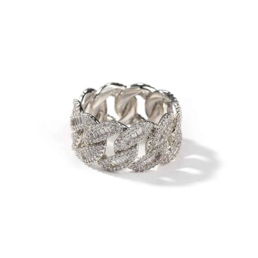 12mm Cuban Link Rings Iced Out Baguettes Ring for Men Cubic Zircon Silver Color Ring Fashion Hip Hop Jewelry for Gift