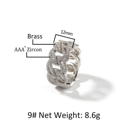 12mm Cuban Link Rings Iced Out Baguettes Ring for Men Cubic Zircon Silver Color Ring Fashion Hip Hop Jewelry for Gift Dabfavshop