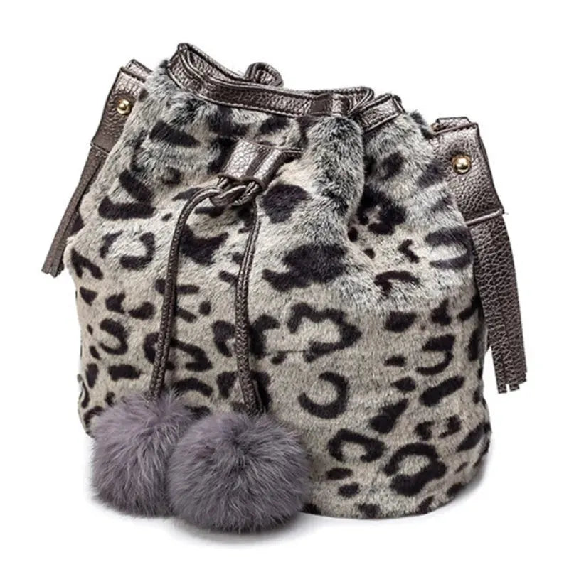 Women Shoulder Bag Small Furry Faux Fur Bucket Drawstring Hand Bag - Dabfavshop