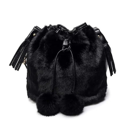 Women Shoulder Bag Small Furry Faux Fur Bucket Drawstring Hand Bag - Dabfavshop