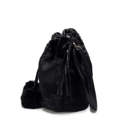 Women Shoulder Bag Small Furry Faux Fur Bucket Drawstring Hand Bag - Dabfavshop