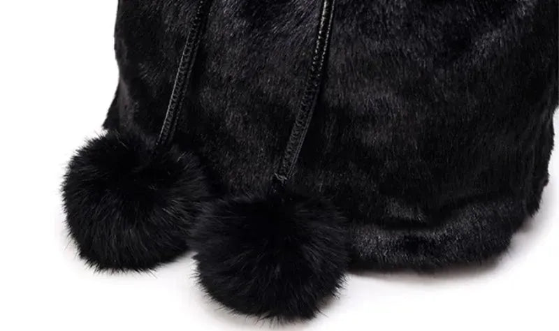 Women Shoulder Bag Small Furry Faux Fur Bucket Drawstring Hand Bag - Dabfavshop