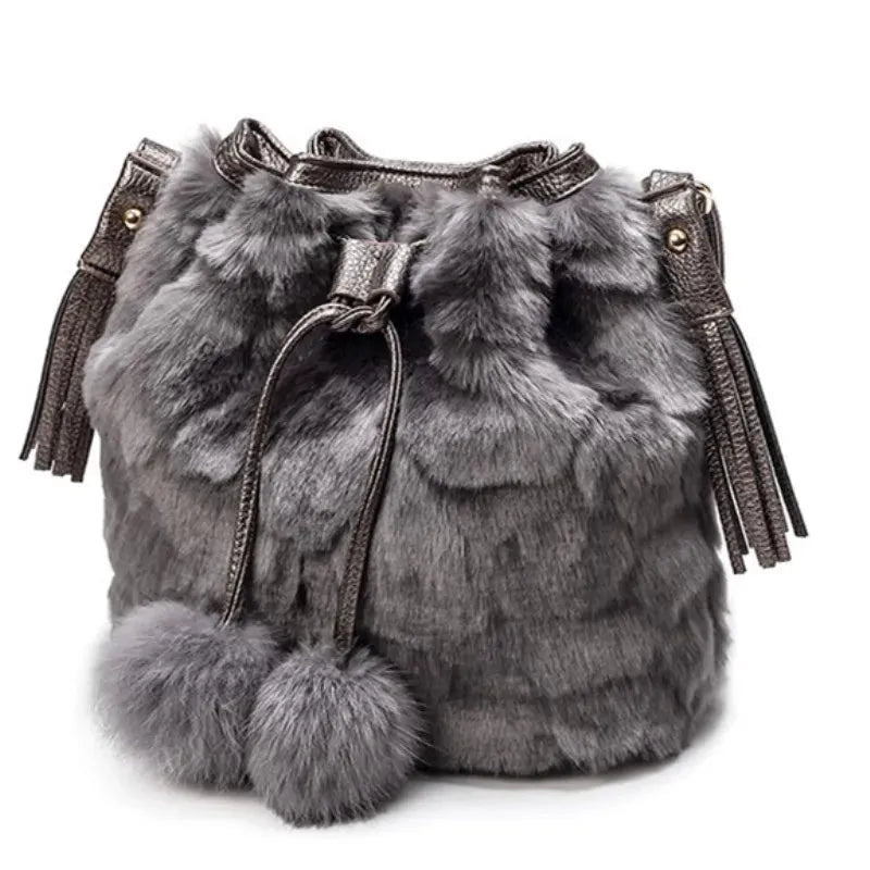 Women Shoulder Bag Small Furry Faux Fur Bucket Drawstring Hand Bag - Dabfavshop