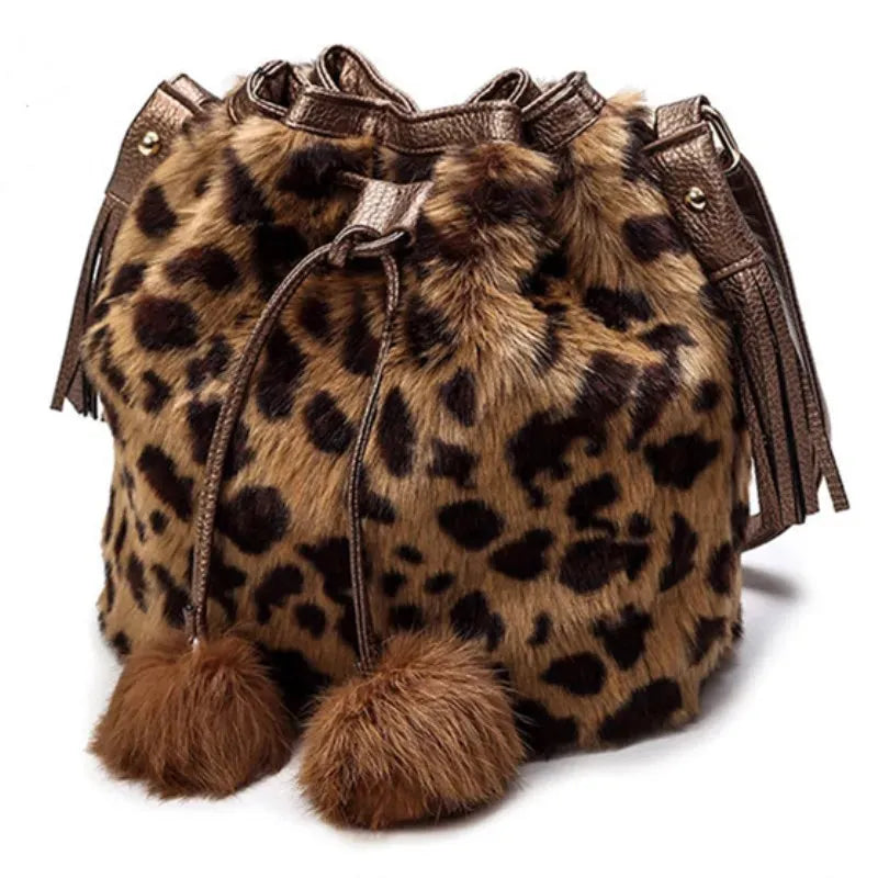 Women Shoulder Bag Small Furry Faux Fur Bucket Drawstring Hand Bag - Dabfavshop