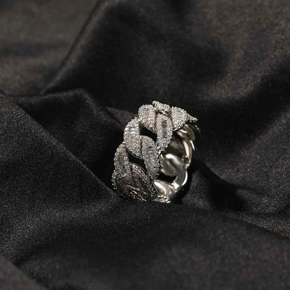 12mm Cuban Link Rings Iced Out Baguettes Ring for Men Cubic Zircon Silver Color Ring Fashion Hip Hop Jewelry for Gift