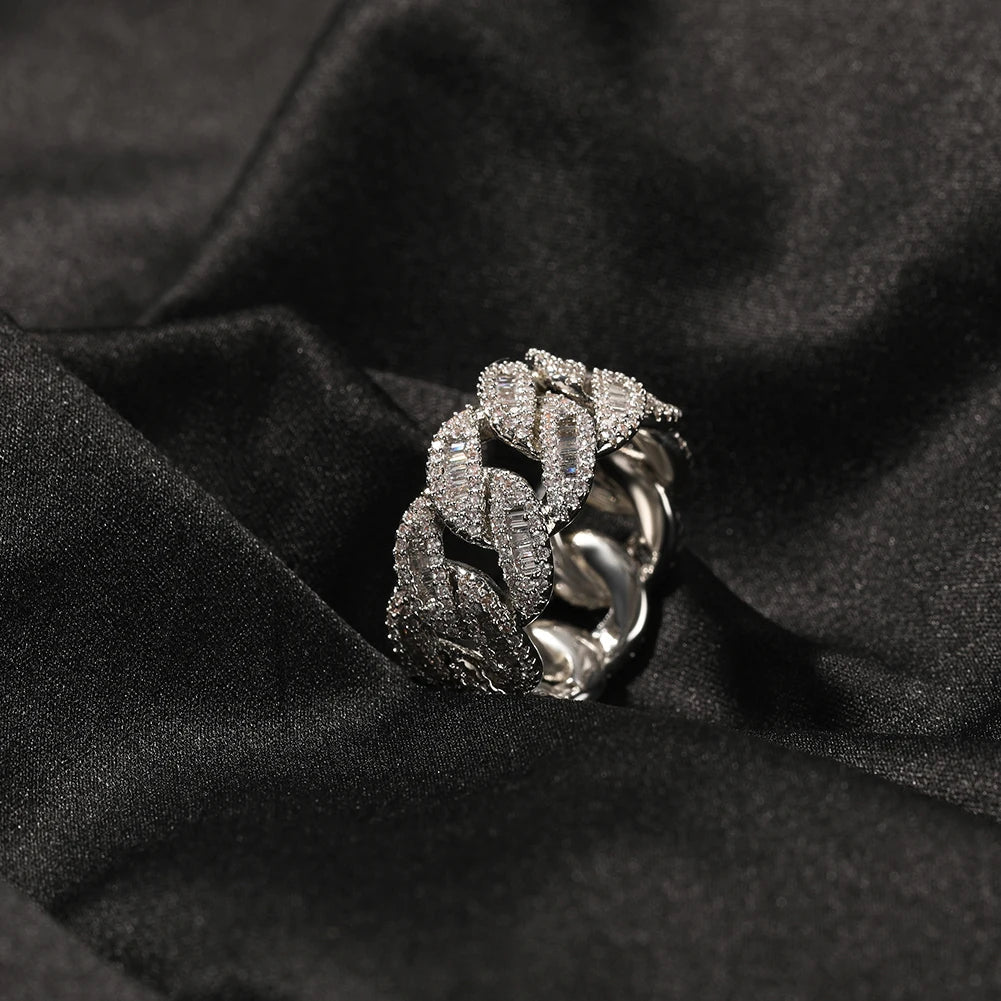 12mm Cuban Link Rings Iced Out Baguettes Ring for Men Cubic Zircon Silver Color Ring Fashion Hip Hop Jewelry for Gift Dabfavshop
