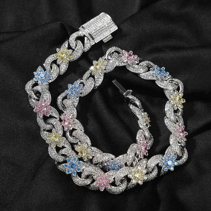 Colorful Flowers Cuban Chain Necklaces for Women Men CZ Infinity Chain Bracelets