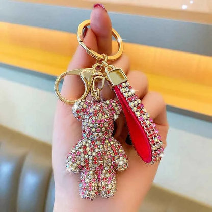 Rhinestone Bear Keychain Pendant Handmade Metal Keyring for Women Men Car Anime Animal Themed Accessory Unisex Key Chain Gift