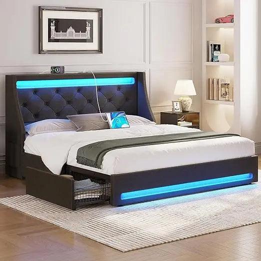 Full/Queen/King Size LED Bed Frame With Storage Headboard And Charging Station - Dabfavshop